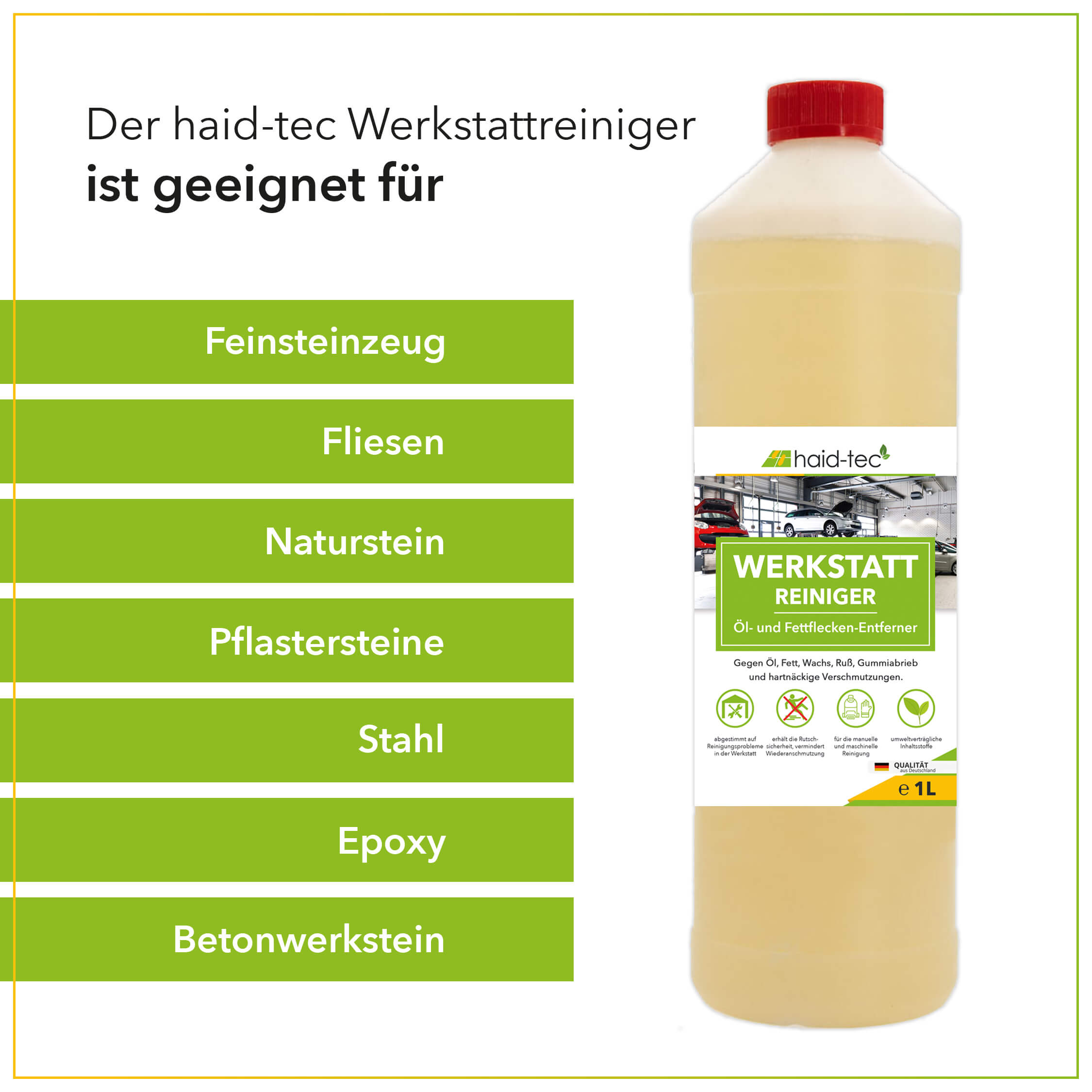 haid-tec Werkstatt Reiniger 1 L, Ölfleckenentferner, Fettfleckenentferner, Industriereiniger - Konzentrat - biologisch abbaubar - made in Germany 